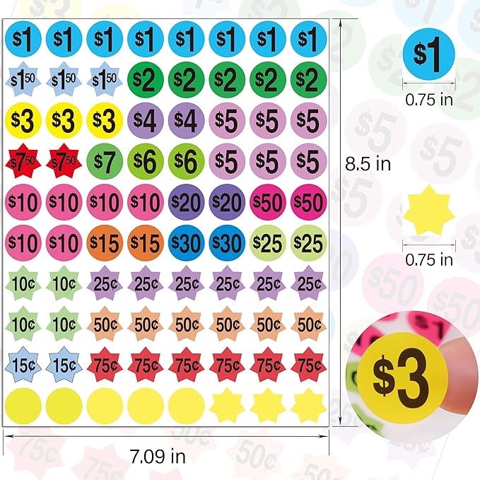 YSHIHE Yard Sale Price Stickers 3/4" Round Bright Colors Label for Garage Sale, Flea Market Pricing - 1600 Pcs Pre-Printed Labels With Price