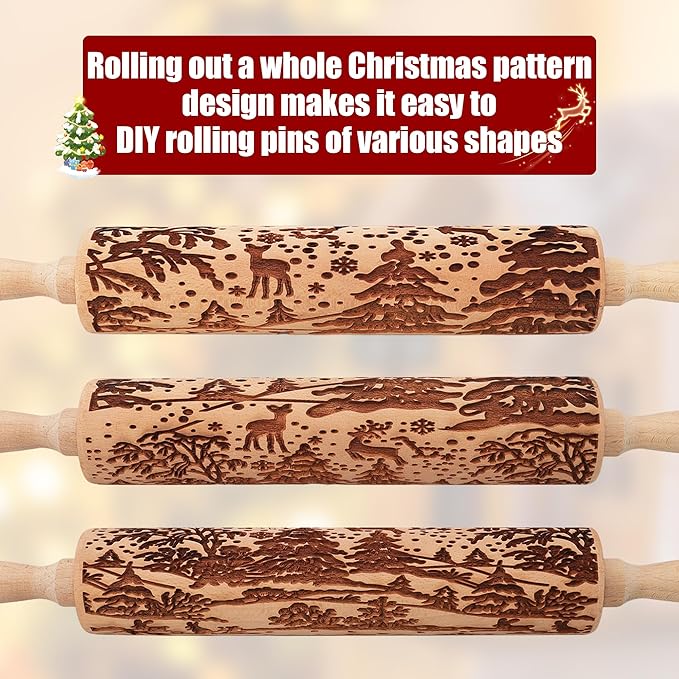 17" Premium Wooden Rolling Pins for Baking with Reindeer Embossed Designs | 3mm Deep Springerle Cookie Molds | Christmas Rolling Pin & Baking Gifts for Women | Includes 3-in-1 Cleaning Brush