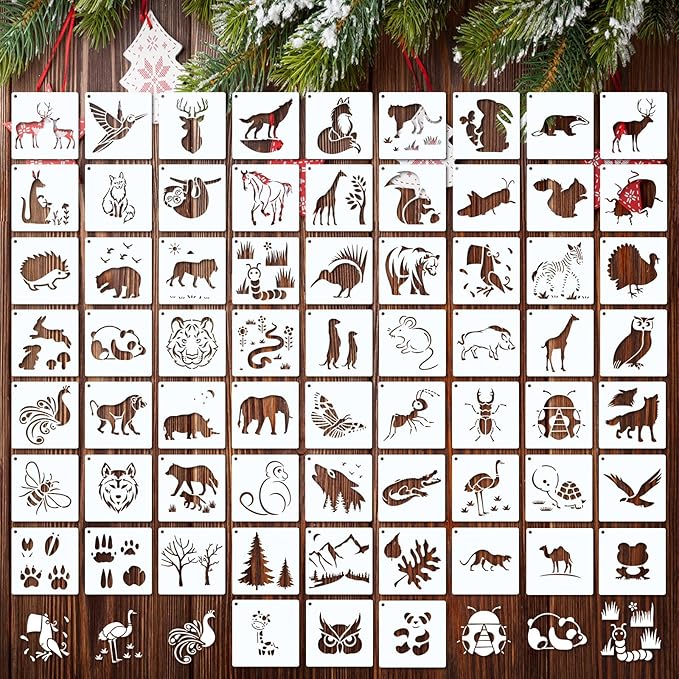 66 Pcs Small Stencils for Crafts Reusable 3 Inch Stencils for Painting on Wood DIY Craft Paint Template for Wall Home Decor Card Rock Canvas Drawing Holiday Ornament(Animal)