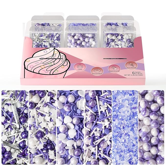 Huebeaty 6-in-1 Purple Sprinkles for Cake & Cupcake Decorating – 180g Edible Sanding Sugar & Pearl Sprinkles Mix for Birthday, Wedding, Unicorn & Mermaid Themes (Purple and Silver)