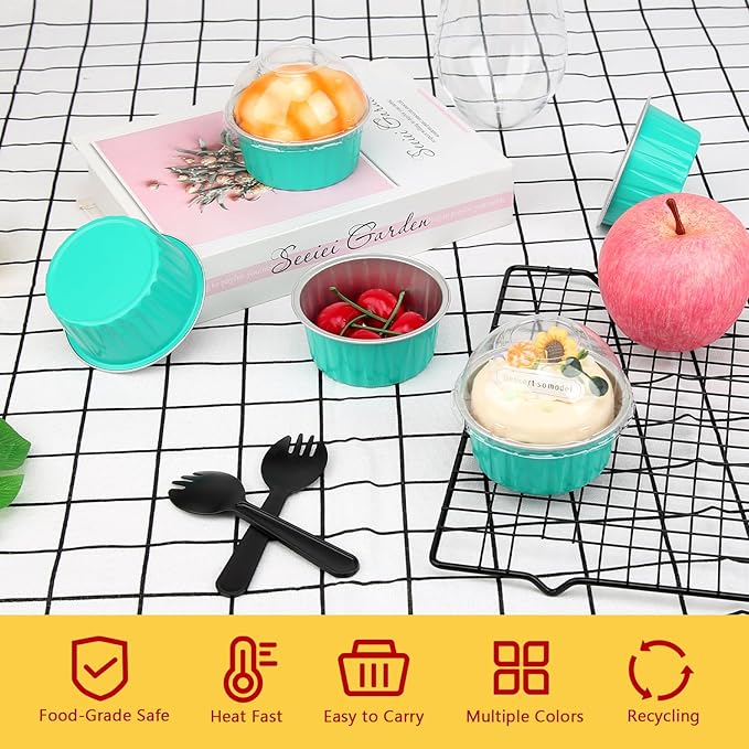 Cupcake Pans With Dome Lids 100 Pack,LNYZQUS 5oz Mini Aluminum Baking Cups Muffin Tin,Disposable Ramekins Cake Containers Holders -Cyan Blue (Round125)