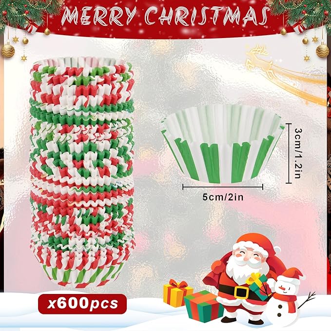 600 Pack Christmas Candy Cupcake Liners Wrappers Baking Cups Santa Holiday Paper Wraps Muffin Liners for Xmas Birthday Party Candy Cake Decorations Supplies(12 Styles)