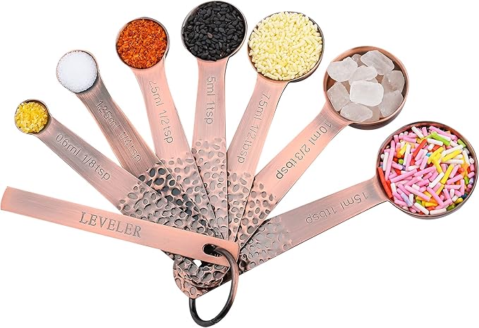 Smithcraft Measuring Spoons Set 7, Copper Plated Measuring Spoons Set for Baking & Kitchen, Metric &US Stainless Steel Measure Tools with Leveler for Dry & Liquid