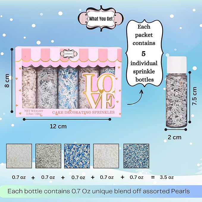 Confect Christmas Sprinkles | Frozen Mix Blue Pearls | Silver & White & Snowflakes | White Flower Sprinkle | Christmas Jimmies Sprinkles - 5 Oz