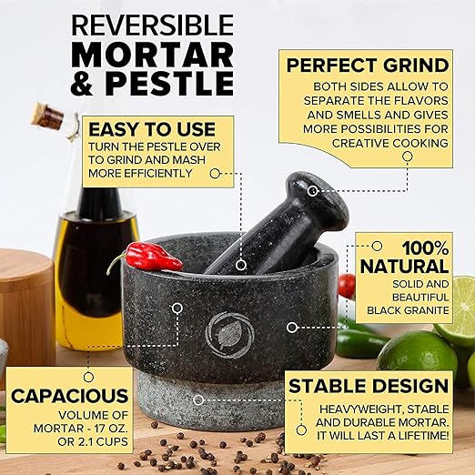Laevo Mortar and Pestle Large Set - Black Granite Stone Spice Grinder, 2.1 Cup Capacity, 5.5 Inches - Reversible Molcajete Mexicano - Guacamole, Spices - Large Mortar and Pestles Set