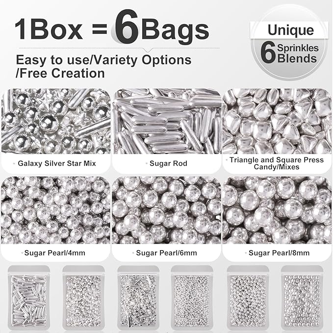 HUEBEATY 6-in-1 Metallic Silver Cake Pearls Sprinkles – Silver Galaxy Star Sprinkles for Cake Decorating, Cupcakes, Cookies & Ice Cream | 180g/6.36oz | Space, Wedding, Birthday Cake Decorations