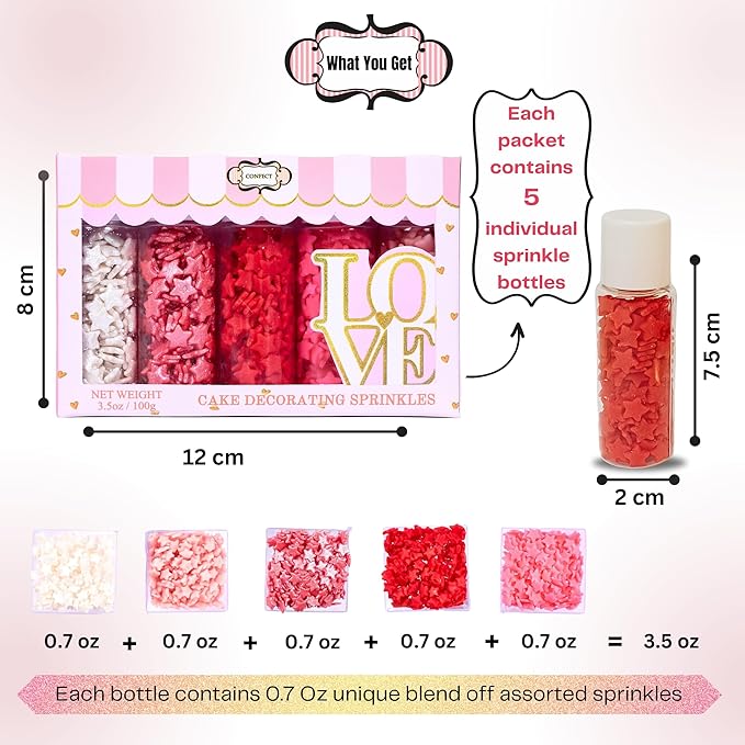 Confect Star Sprinkles | Sprinkle for Baking, Cookie & Cake Decorative | Baby Shower Sprinkles | Pink, White & Red Sprinkle | Edible sprinkles Mix Pack of 5-Vegan, Gluten-Free, Nut-Free, Soy-Free, Dairy-Free, Palm Oil-Free -5 Oz