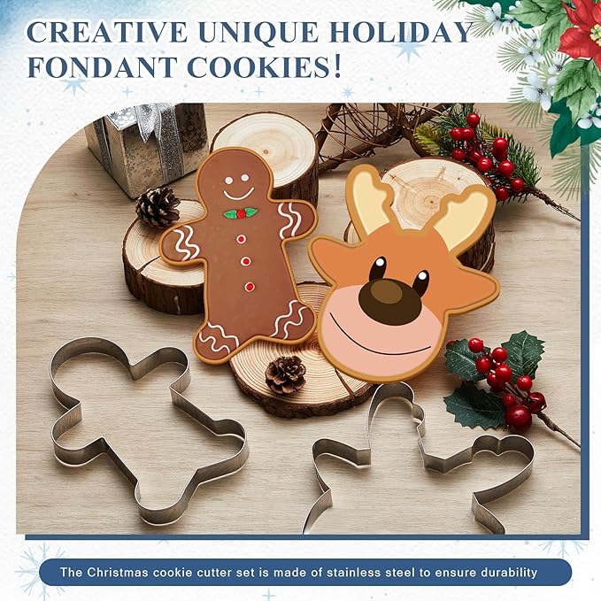2 Pcs Large Christmas Cookie Cutters 8" Extra Large Gingerbread Man and Reindeer Face Stainless Steel Giant Cookie Cutter for Christmas Xmas Holiday Baking