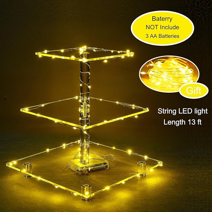Cupcake Stand, 3-Tier Cupcake Holder with LED light String, Acrylic Cupcake Tower Display-Dessert Tower-Pastry Stand-Cupcake Tier Stand for Wedding, Birthday party ( Yellow Light)