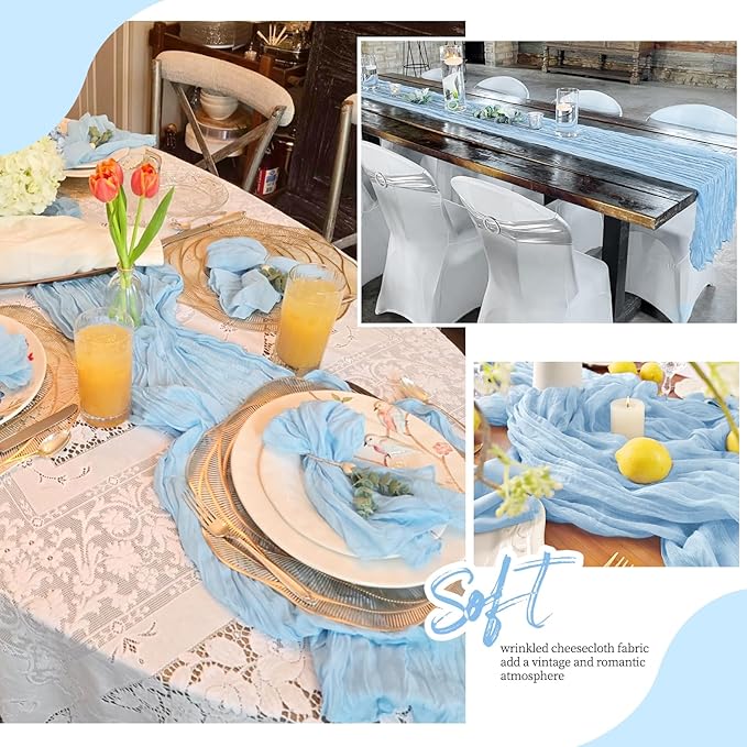 12 Pack Baby Blue Cheesecloth Table Runner 17x108 Inch Semi Sheer Boho Gauze Cheese Cloth Fabric Table Runners, for Wedding Party Baby Shower Birthday Home Decor Garden Farmhouse