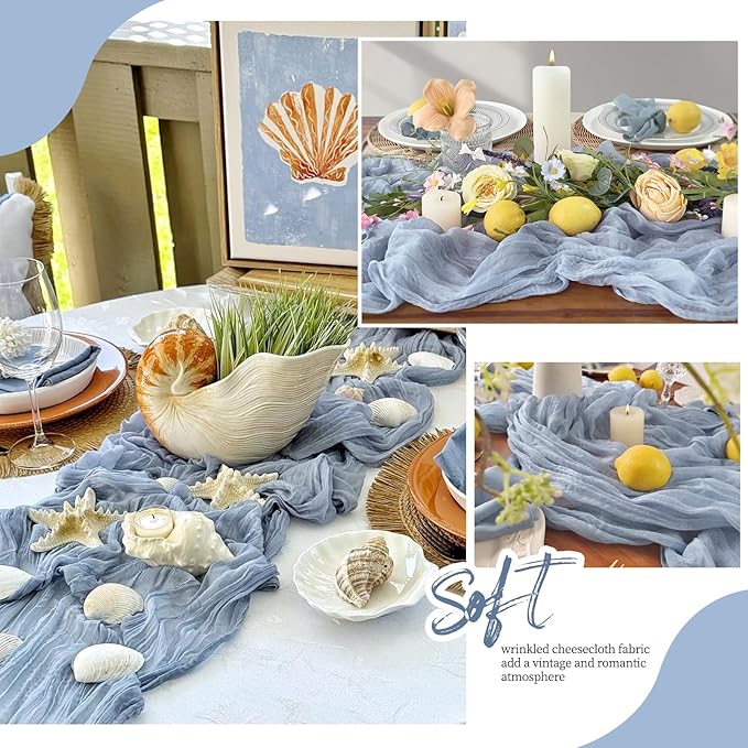 6 Pack Dusty Blue Cheesecloth Table Runner 17x108 Inch Semi Sheer Boho Gauze Cheese Cloth Fabric Table Runners, for Wedding Party Baby Shower Birthday Home Decor Garden Farmhouse