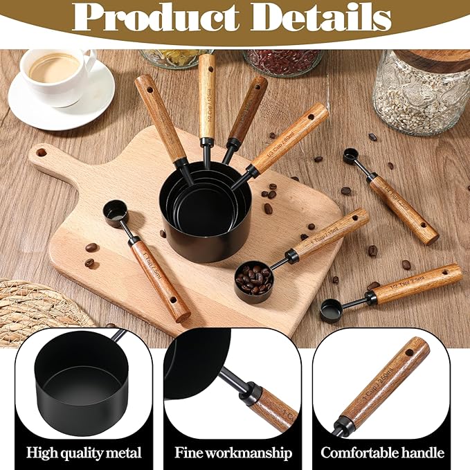 SHENLIU 8 Pcs Measuring Cups and Spoons Set, Black Stainless Steel Measuring Cups with Wooden Handle, Metal Measurings Spoons Set Nesting Kitchen Measure for Kitchen Baking