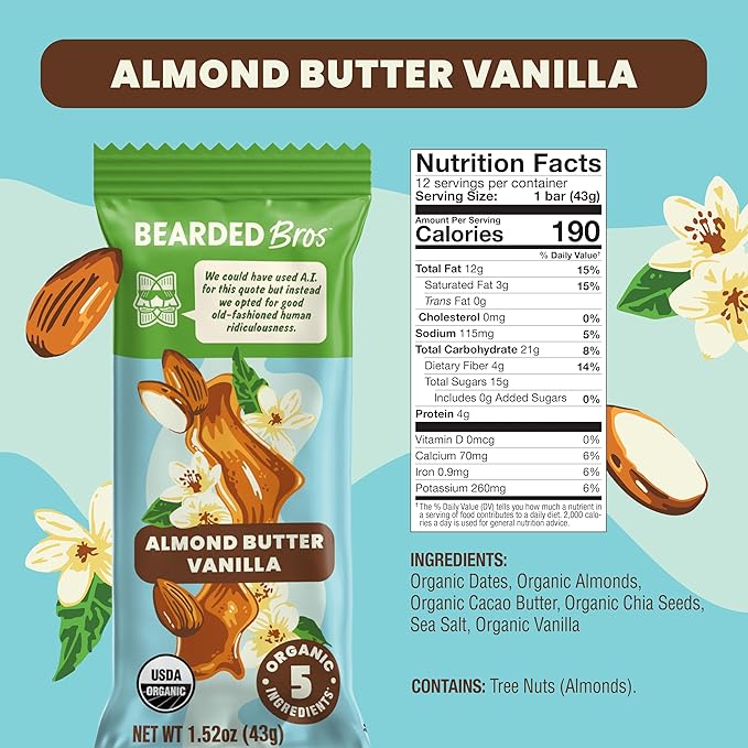 Bearded Brothers, Organic Vegan Protein Energy Bars, Almond Butter Vanilla (12 Pack) - Gluten Free, Paleo, Fiber, Whole 30 | Non GMO Low Glycemic Snacks (Packaging May Vary)