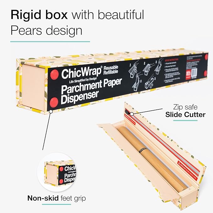 ChicWrap Pears Parchment Paper Dispenser - Includes 15"x 33' (42 Sq. Ft) Roll Unbleached Baking, Cooking & Culinary Paper - Reusable Dispenser w/Slide Cutter - Kosher Certified