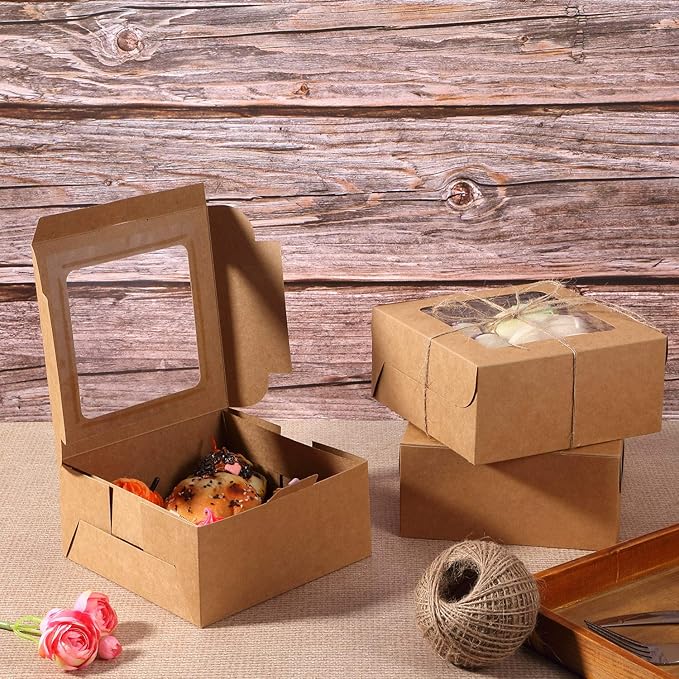 50 Pieces Bakery Box with Window Cookie Boxes Mini Kraft Boxes Gift for Pastries, Candy, Pie, Cupcakes, Soap Packaging for Homemade Soap (Brown,6.3 x 6.3 x 3 Inch)