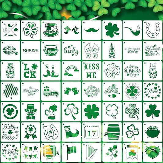AUGSHY St Patrick's Day Stencils, 56 Pack Clover Theme Templates Stencils for Painting on Wood Ornaments Wood Slice DIY Crafts Fabrics Window St Patrick's Day Party Home Decor (3 Inch)