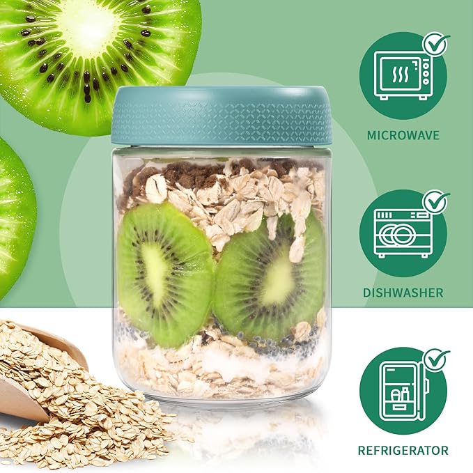 Overnight Oats Containers with Lids, Glass Storage Containers with Lids, Wide Mouth Mason Jars 16oz, Airtight Glass jars for Spice, Chia Pudding, Yogurt, Cereal, Salad Storage (6 Pack, Green)