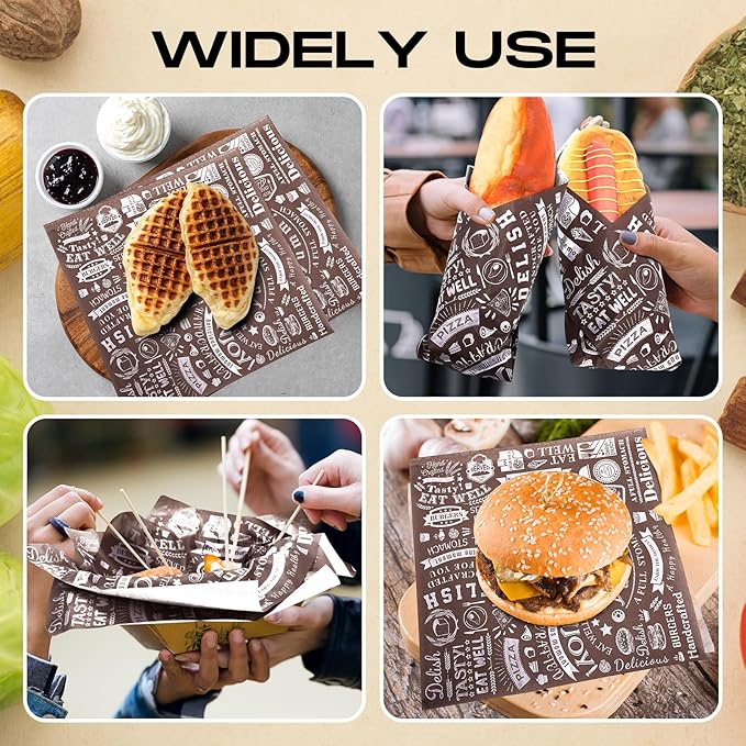 Outus 600 Pcs 10 x 10 Inch Deli Wax Paper Sheets Grease Resistant Tray Basket Liners Newsprint Paper Water and Grease Proof Sandwich Wrapping Square Hot Dog Wrappers for Food Baking (Coffee Color)