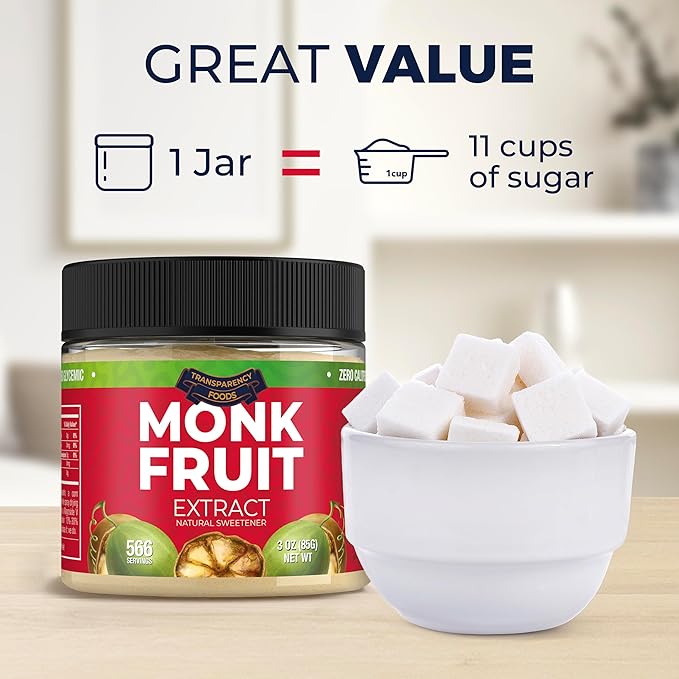 Monk Fruit Sweetener No Erythritol (25X Sweeter Than Sugar) Zero Calories, Zero Glycemic, Non-GMO, No Fillers - Monk Fruit Extract (7% Mogroside V) by Transparency Foods (3oz, 566 servings)