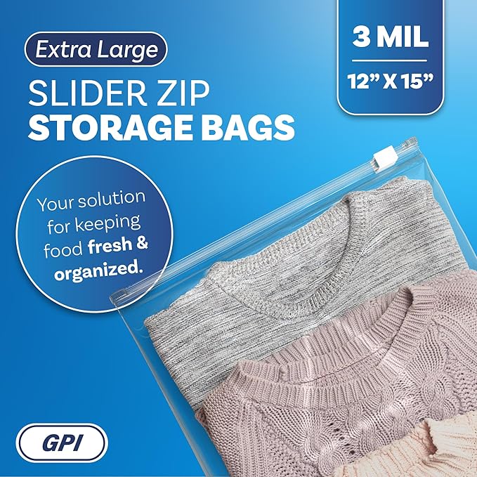 1000 Count - Slider Zip 2 Gallon Jumbo Food Storage Bags, 12" x 15" 3 Mil Heavy Duty, Extra Large, Strong & Durable For Freezer Storage. GPI