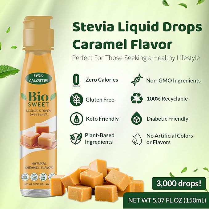 BioSweet Stevia Drops - Caramel Flavor | Zero Calorie Liquid Sweetener | Non GMO, Keto & Diabetic Friendly, Gluten Free, Vegan | Nothing Artificial | 3,000 drops (5.07 Fl Oz)
