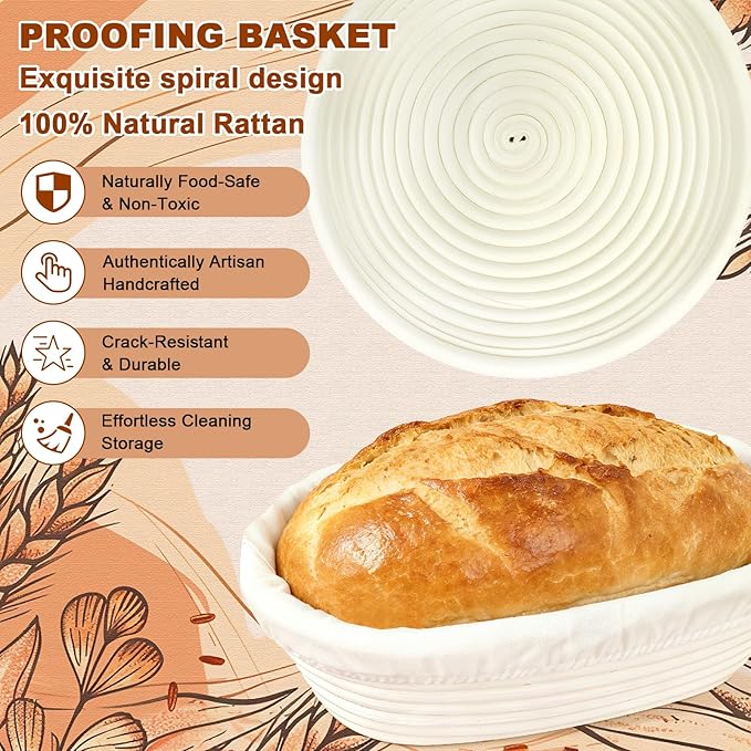 Sourdough Starter Kit,Sourdough Bread Baking Supplies, 9" Round and 10" Oval Banneton Bread Proofing Basket Set with Sourdough Starter Jar, Sourdough Bread Making Tools Kit Gifts for Women Wife Mom