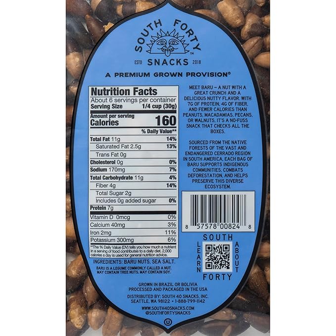 South 40 Snacks Dry Roasted Salted Baru Nuts, Just 2 Ingredients (6.5oz bags, pack of 4)