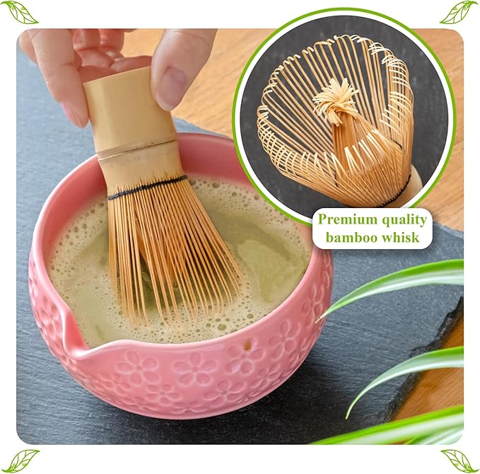 Matcha Whisk Set- Matcha Set includes Matcha Whisk and Bowl with Spout, Sifter, Holder and Scoop- The Perfect Bamboo Whisk for Matcha Tea (Pink Flowers)