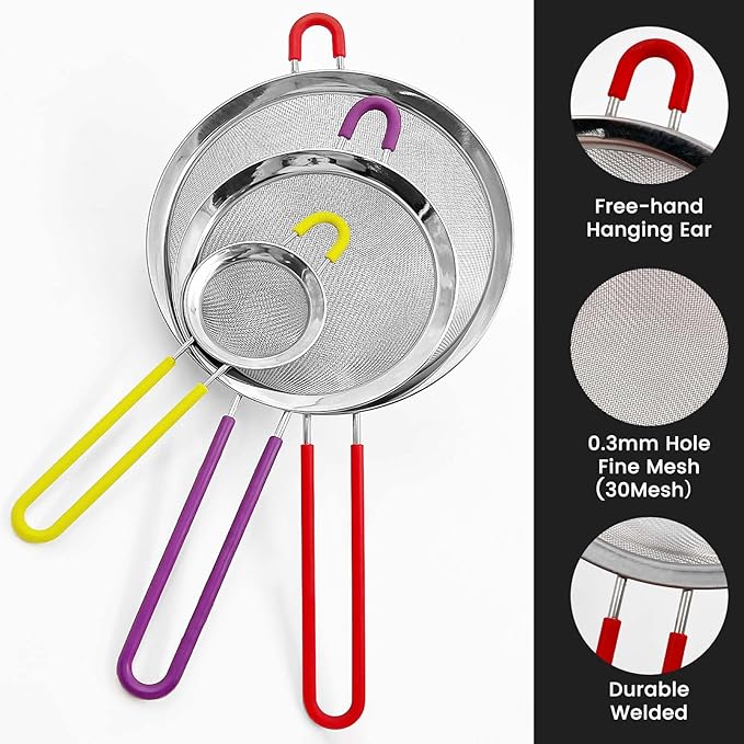 Daily Treasures Fine Mesh Strainers Set in 3 different sizes,304 stainless steel strainers with Silicone Handle，0.3mm Hole Fine Mesh Food sifter for Pasta, Fruit, Flour,Tea, Cocktail(7"+5.5"+2.7")