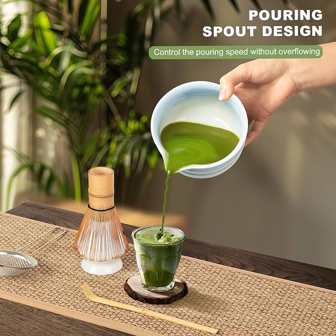 Matcha Whisk Set,Ceramic Matcha Kit Set Includes Bowl with Spout, Whisk,Holder,Bamboo Scoop and Sifter,5 pcs Matcha Tea Kit for Matcha Lovers, Ideal Gift Christmas, Birthday (Blue gradient)