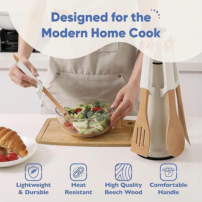 Chef’s Path Wooden Cooking Utensils Set – 5-Piece Beech Wood Kitchen Utensils Set with Silicone Spoon Rest, Wooden Spatula, Serving Spoon, Wooden Spoons for Cooking & Rotating Utensil Holder, White