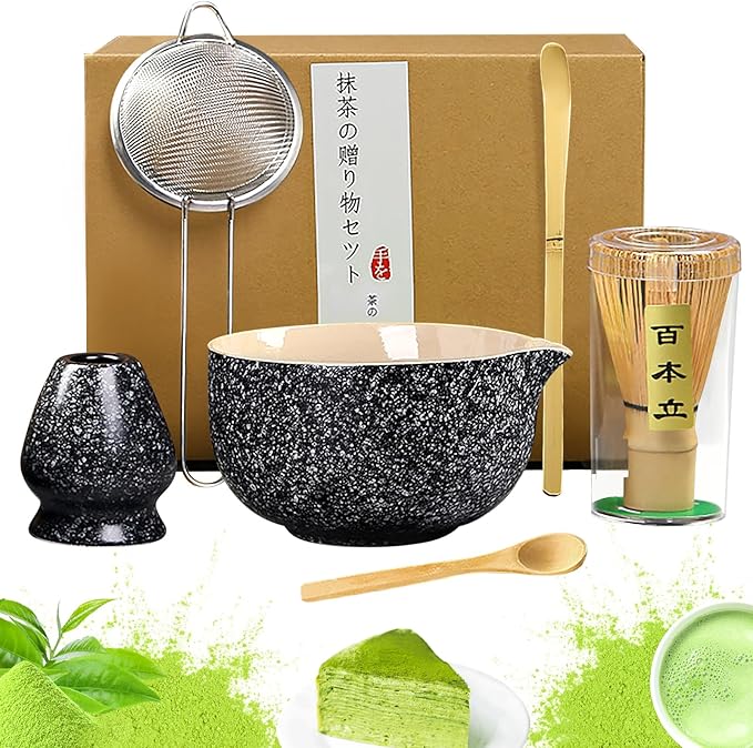 Matcha Set, 6 Pcs Matcha Whisk Set with 20 oz Bowl, Bamboo Whisk for Matcha Tea, Matcha Bowl, Ceramic Matcha whisk Holder, Stainless Sifter and Scoop - Gift for matcha kit Lovers（Black）