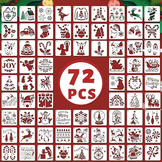 72 PCS 3x3 Inch Christmas Stencils for Painting - Snowflake Santa Claus Christmas Tree Reusable Christmas Painting Templates on Wood, Glass, Fabric, Window Door Decor DIY Decoration