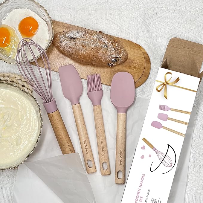 Silicone Mini Spatulas Set with Pastry Brush and Whisk, Small Kitchen Tools Nonstick Cookware For Cooking, Baking And Serving - Cherry Pink - 4 Piece