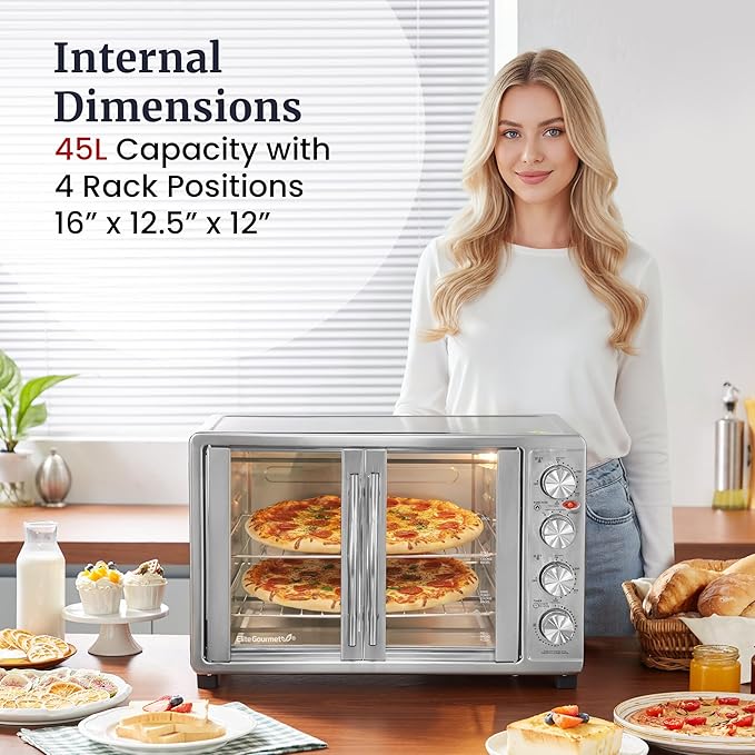 Elite Gourmet ETO4510B# French Door 47.5Qt, 18-Slice Convection Oven 4-Control Knobs, Bake Broil Toast Rotisserie Keep Warm, Includes 2 x 14" Pizza Racks, Stainless Steel