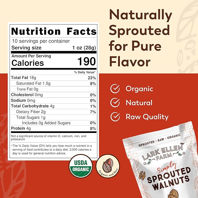 Lark Ellen Farm Organic Sprouted Walnuts – Raw, Unsalted, Keto-Friendly, Healthy Vegan Snack, Gluten-Free, 10 Oz, 3 Pack