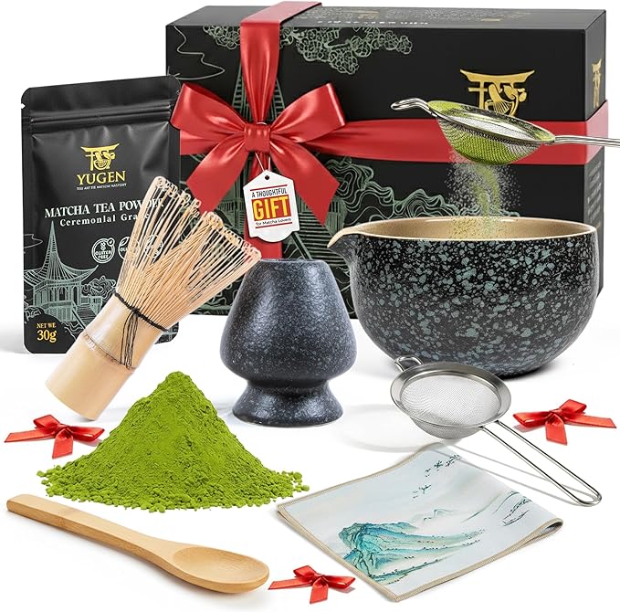 7 Piece Matcha Whisk Set, Includes 30g Ceremonial Grade Matcha Powder, Metal Sifter, Bamboo Whisk, Whisk Holder, Bamboo Spoon, Tea Cloth, Matcha Bowl, Tea Set, Ceremony Set