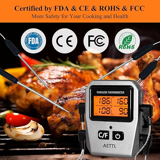 Wireless Digital Meat Thermometer,Instant Read Food Thermometer with LCD Display and 4 Stainless Probes,Advanced Electronic Thermometer Waterproof for BBQ Cooking Kitchen Outside Grill