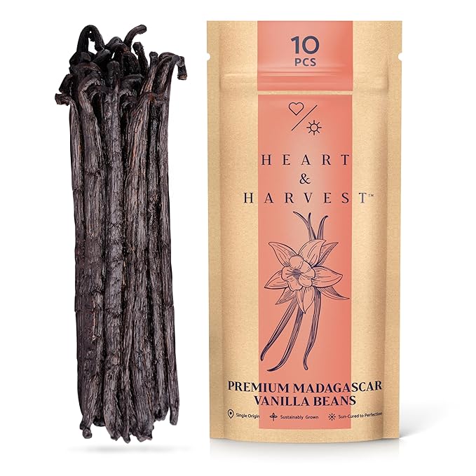 Heart & Harvest Madagascar Vanilla Pods Grade A, 5"-6" Length, Set of 10 Whole Vanilla Beans Perfect for Creating Pure Vanilla Powder & Extract (Pack of 10)