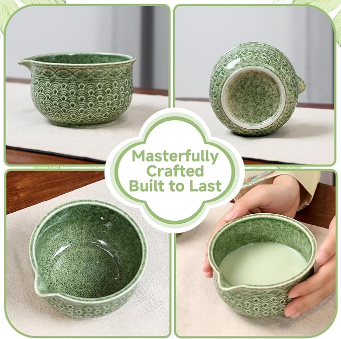7 Pcs Matcha Whisk Set, Ceremony Matcha Kit with Matcha Bowl, Bamboo Whisk and Holder, Scoop and Scoop Rest, Sifter and Tea Towel, Gift for Matcha Lovers (Mottled Green/Wave-Patterned)