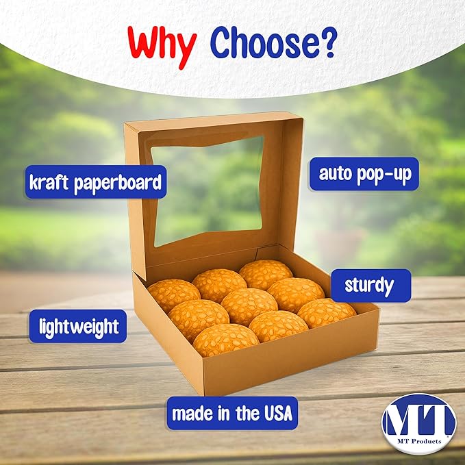 MT Products Kraft Cookie Boxes 8" x 8" x 2.5" - Auto Pop-Up Bakery Boxes with Window (Pack of 200) - Made in USA