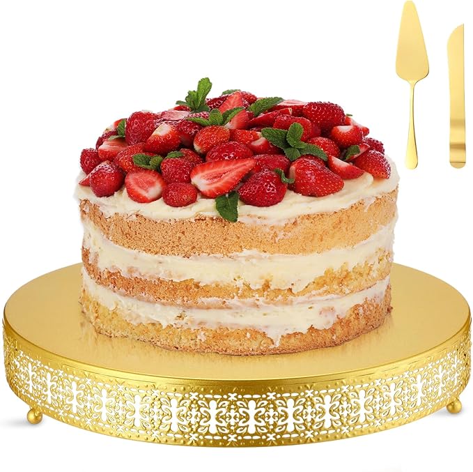 Wenqik Gold Cake Stand, 16 Inch Large Metal Round Cupcake Dessert Stand with Cake Knife and Server Wedding Cupcake Display Holder Cookies Serving Tray for Wedding Birthday Baby Shower Party