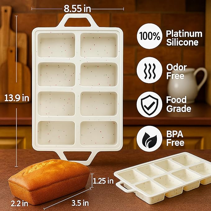 2-Pack Silicone Mini Loaf Pan Set – 8-Cavity Nonstick Baking Molds with Metal-Reinforced Handles – BPA-Free, Odor-Resistant Silicone Pans for Mini Bread, Cakes & Meatloaf – Cream