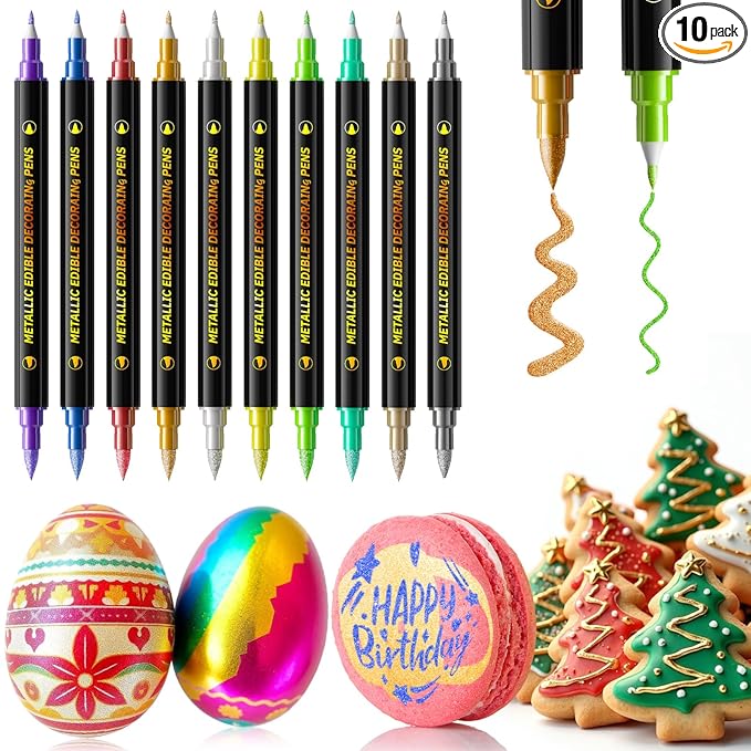 Jewem Edible Markers for Cookie Decorating, 10Pcs Upgrade Grade Metallic Markers Gold Shimmering Pens, Double Sided Tip Food Coloring Pens for Decorating Cakes, Fondant, Frosting, Easter Eggs, Macaron, Halloween, Christmas