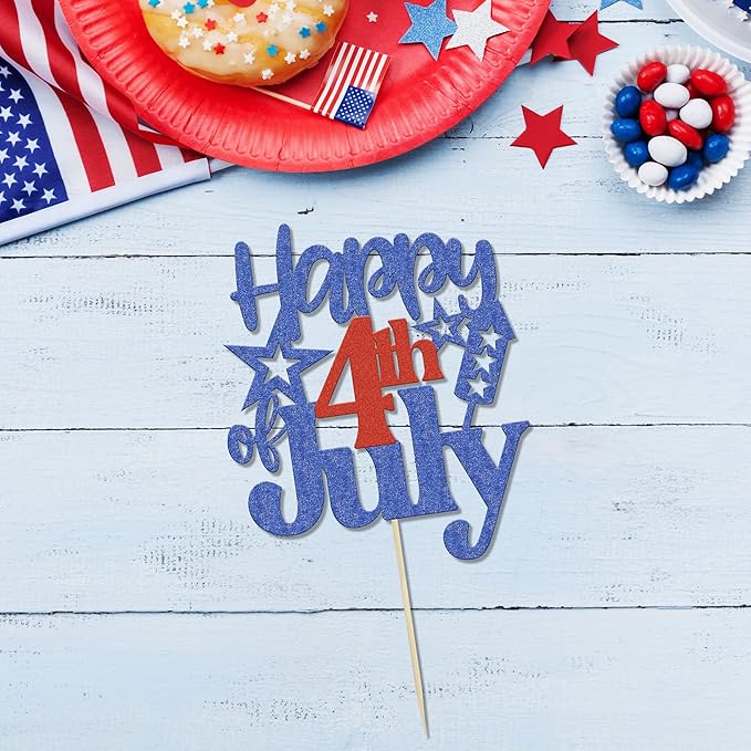 1 Pack Happy 4th of July Cake Topper Red and Blue Glitter Independence Day Cake Pick Decorations for American National Day Patriotic Party Supplies