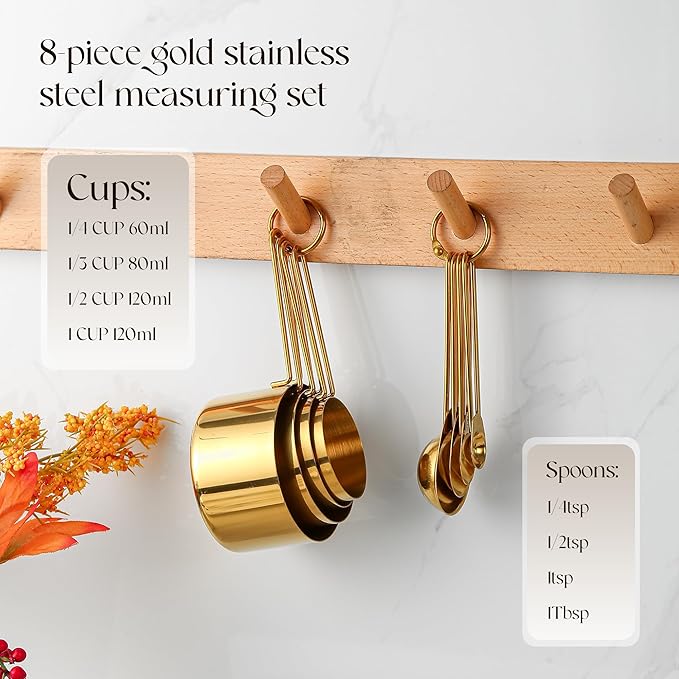 Gold Stainless Steel Measuring Cups and Spoons Set, Engrave Measurements, Dishwasher Safe, Durable Kitchen Set