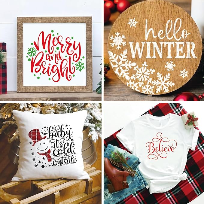 Christmas Stencils for Painting on Wood Reusable Snowflake Large Merry Christmas Pine Tree Nativity Holiday Stencil Snow Templates for Wood Sign Window Floor Crafts Doormats(Christmas Words)