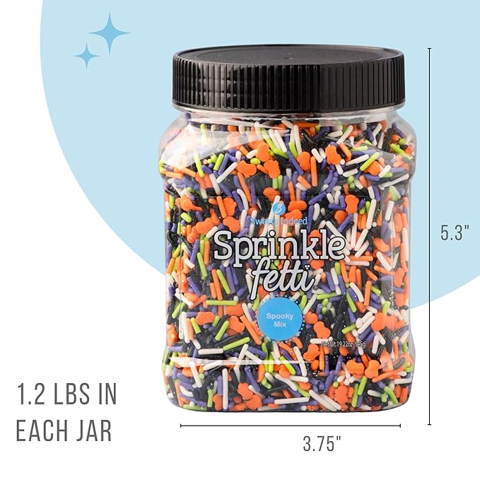 Sweets Indeed Bulk Halloween Sprinklefetti Mix – 1.2 lb Jar | Edible Sprinkles in Orange, Purple, Green, White & Black | Bulk Sprinkle Mix for Cookies, Cupcakes, Cakes & Party Desserts