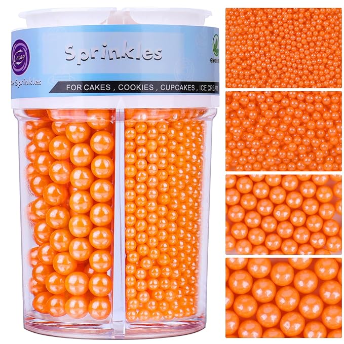 Halloween sprinkles for Cake Decorating, Orange Pearl Sprinkles 4 Sizes Mix for Cake Cupcake Cookie Baking Donuts Ice Cream Toppings