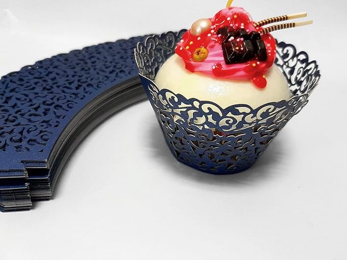 100pcs Cupcake Wrappers Artistic Bake Cake Paper Cups Little Vine Lace Laser Cut Liner Baking Cup Muffin Case Trays for Wedding Party Birthday Decoration (Navy Blue)
